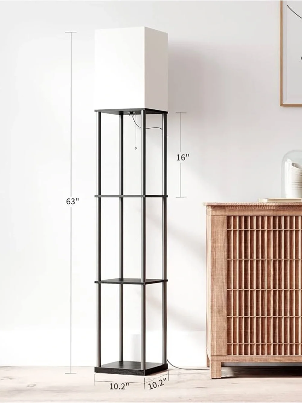 Modern Black Floor Lamp with White Shade and Shelves